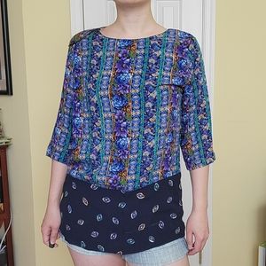 Vintage Norton McNaughton Petites Blue Floral Print Top Tunic Blouse 3/4 sleeve